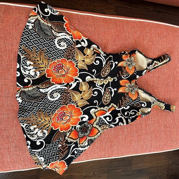 Women's Swim Dress in Floral Print, Black, Orange, White Size 8 - Picture 5 of 5